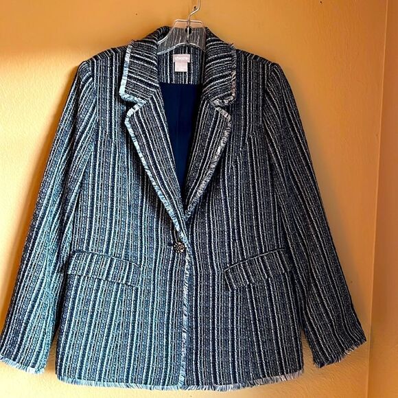 Chico’s Jacket Navy Blue and white with silver accents Chico’s 1 is US 8 - Picture 1 of 13